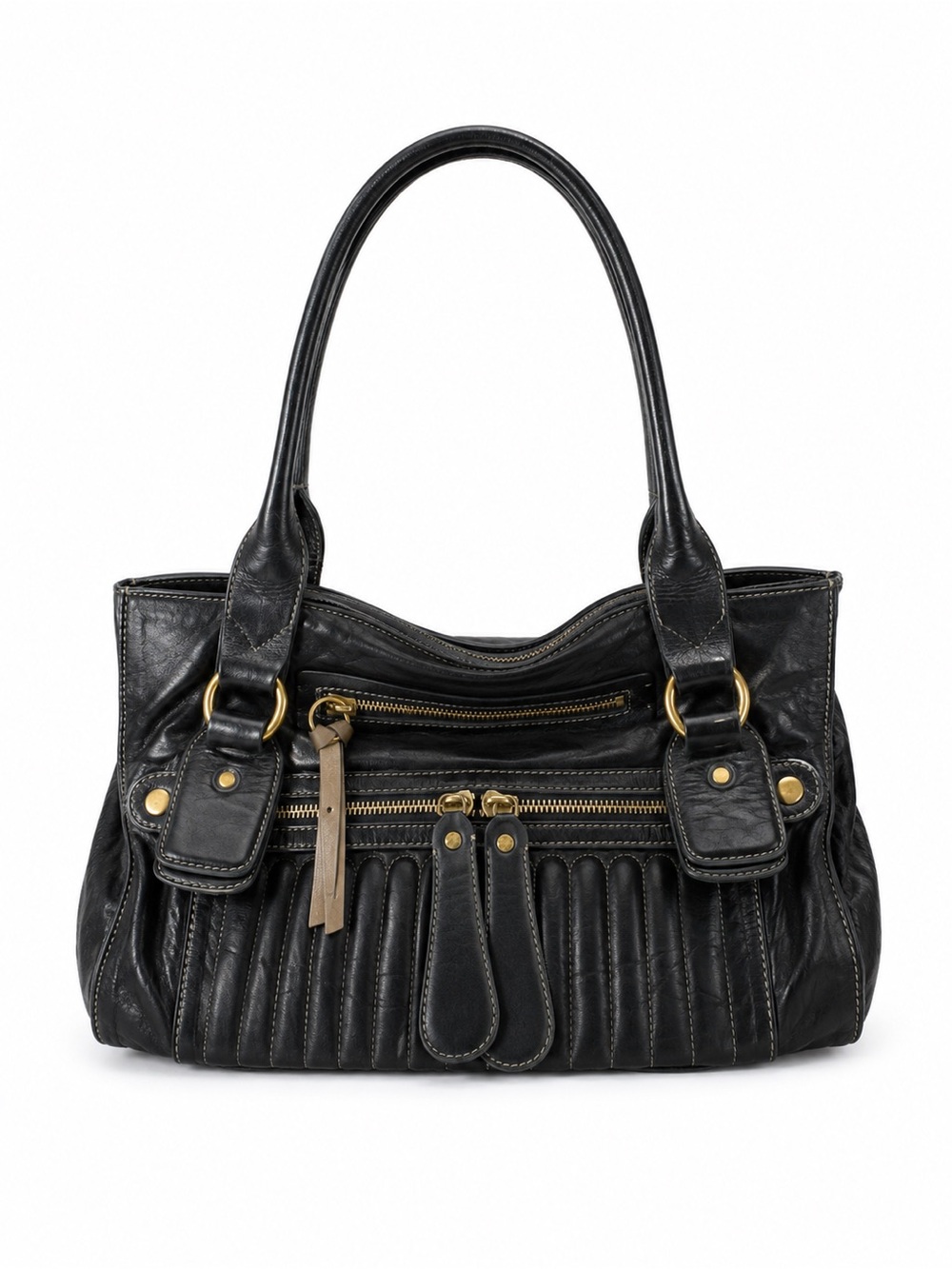 Authentic Chloe Black Leather Shoulder Bag with Gold Hardware Accents